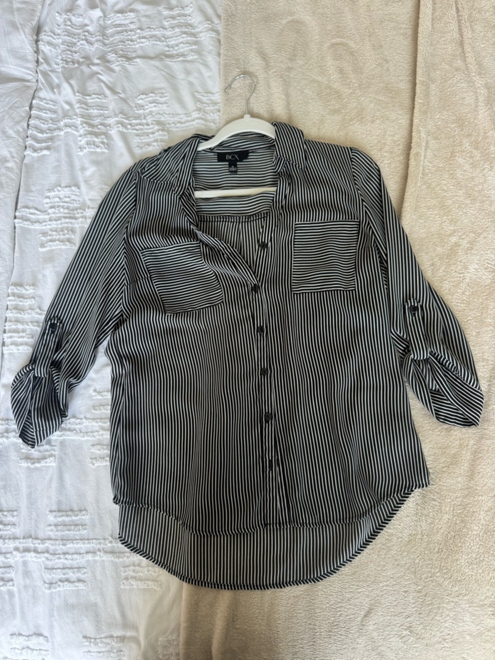BCX Black and White Vertical Stripe Button-Down Shirt